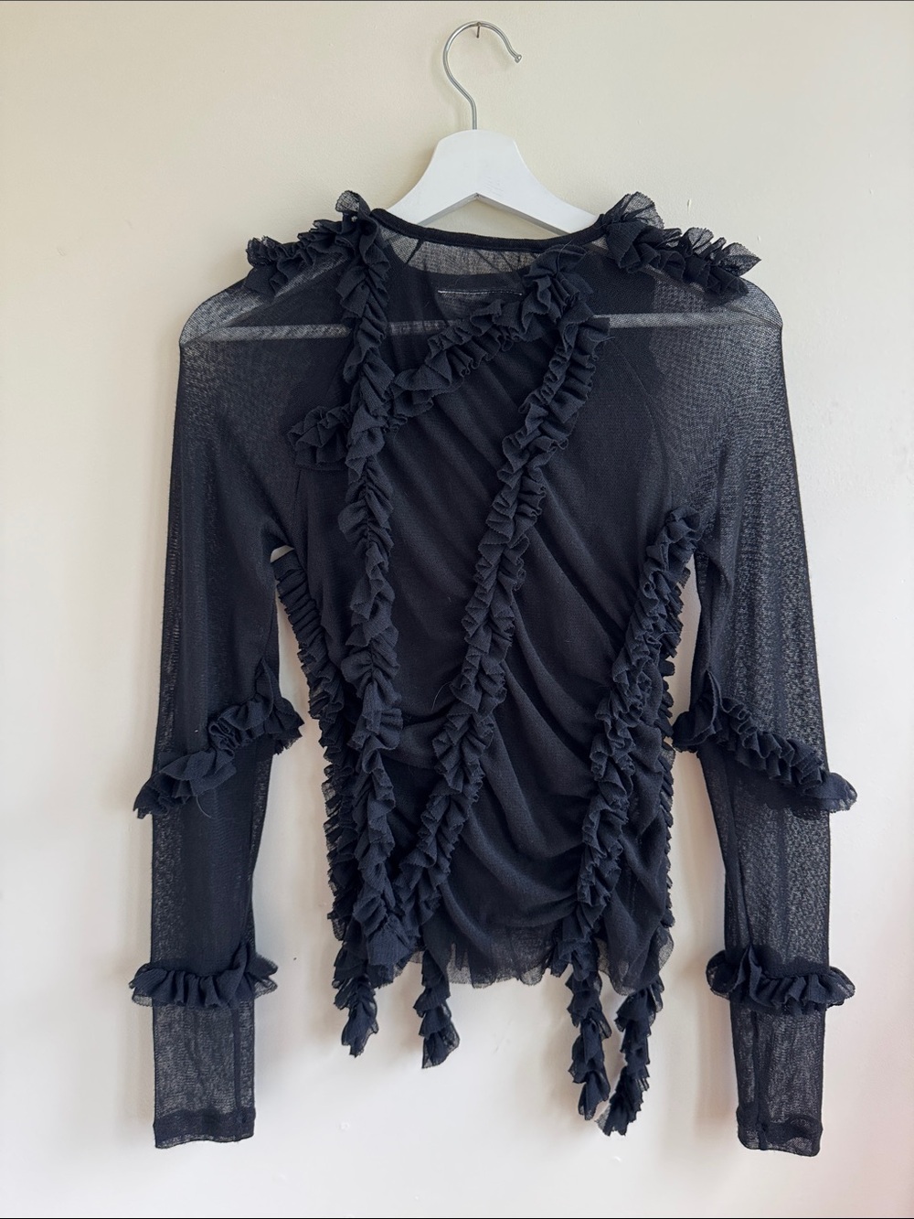 Mm6 maison Margiela Black Ruffle Sheer Long Sleeve Top - Picture 6 of 6